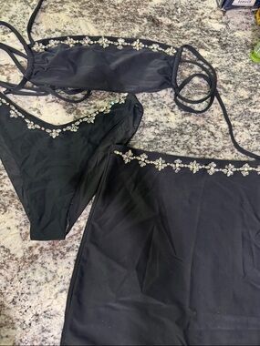 Oceanus Black Embellished Women's Swim, 3-Piece